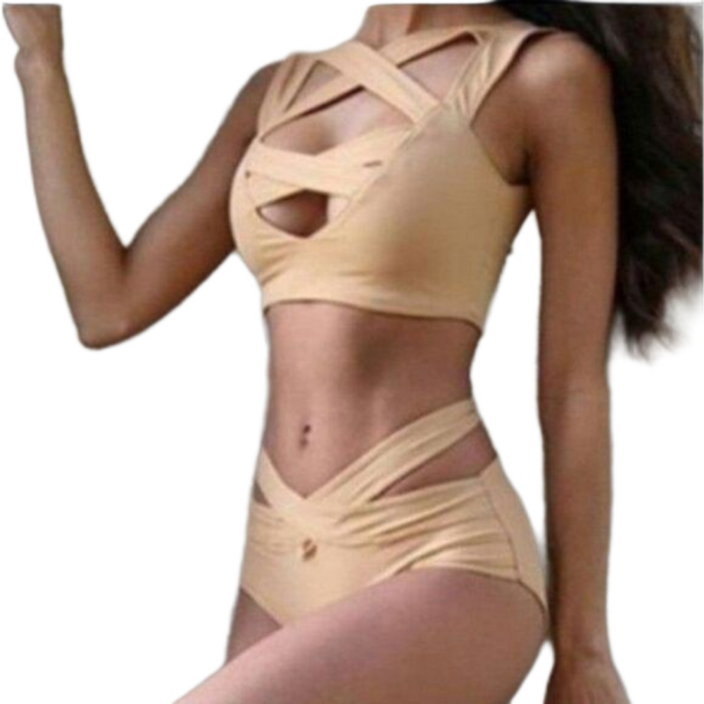Ladies Nude Two Piece Bandage Hiigh Waist Bikini Sz Small